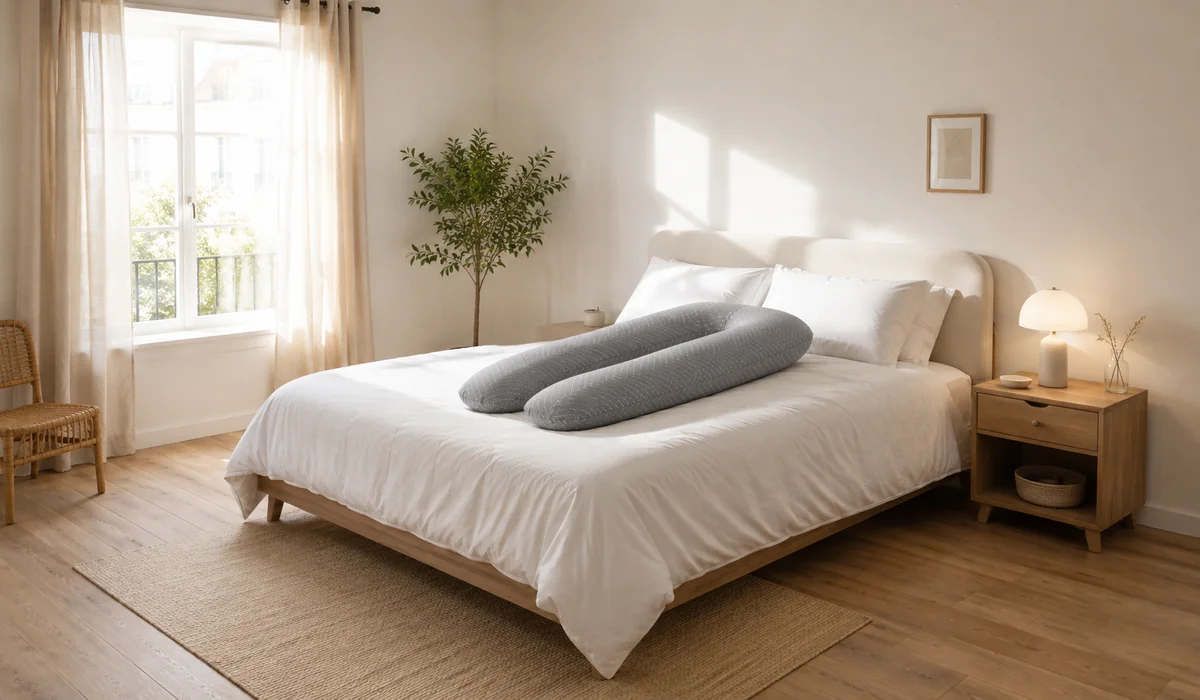 Wide-angle view of a contemporary bedroom, the bed made with the U-shaped pregnancy pillow on it