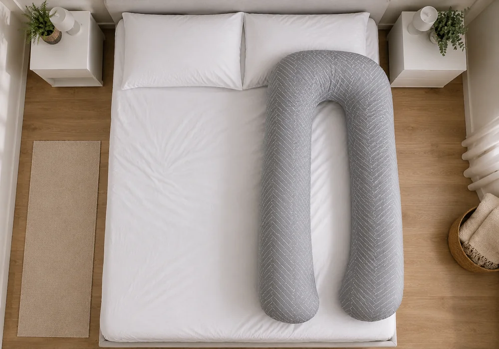 Double bed seen from above, the U-shaped pillow’s opening turned towards the outer edge of the mattress