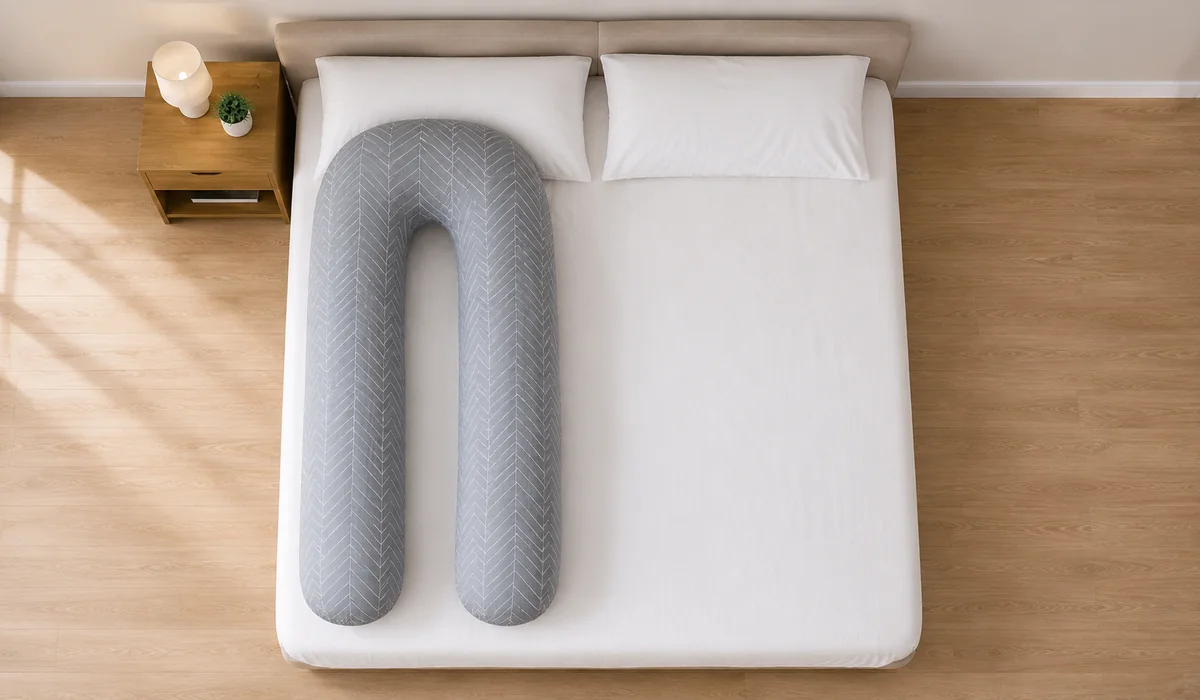 Overhead view of a double bed, the U-shaped pillow taking one side and the other half left free
