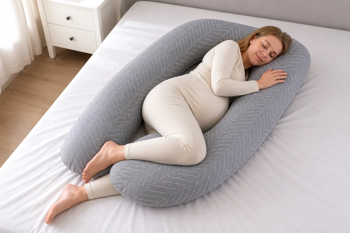 Pregnant woman lying on her side inside the U-shaped pillow, one arm under the bump, the other behind her back, knee bent