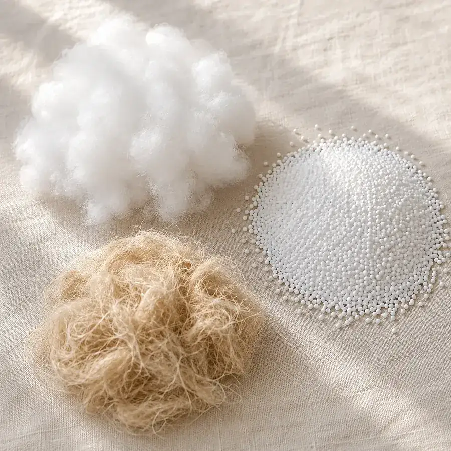 Three piles of filling on off-white linen: synthetic fiber, microbeads and beige plant fiber