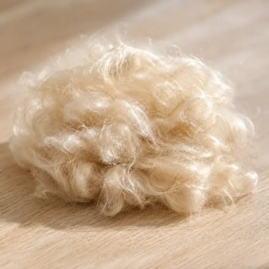 A small pile of pale beige kapok fiber, silky, on a wooden surface