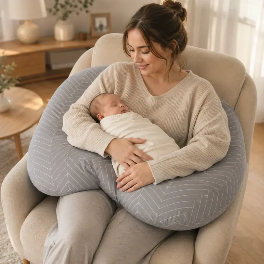 Woman seated in an armchair, U-shaped pillow around her waist, forearm resting on it and a swaddled baby