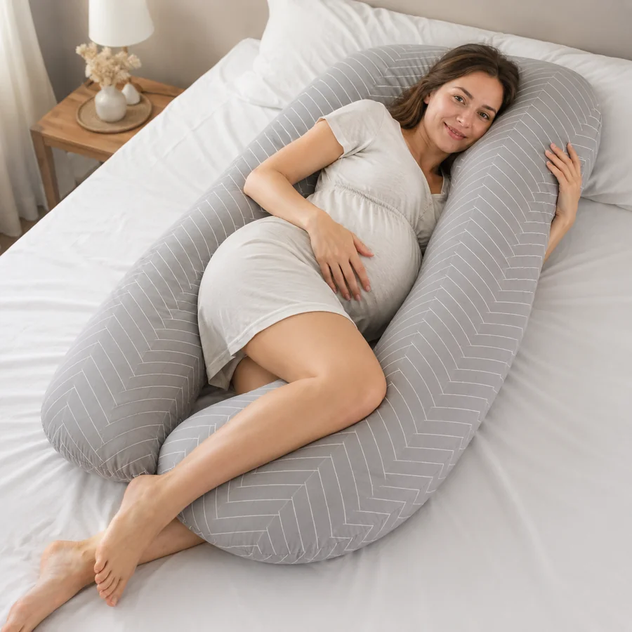 Pregnant woman lying on her side in the herringbone gray U-shaped pillow, head resting on the curve