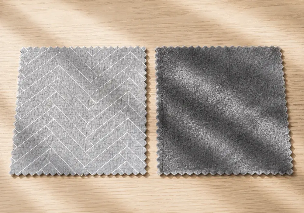 Two fabric swatches side by side on a light table: one herringbone grey, one plain velvety grey