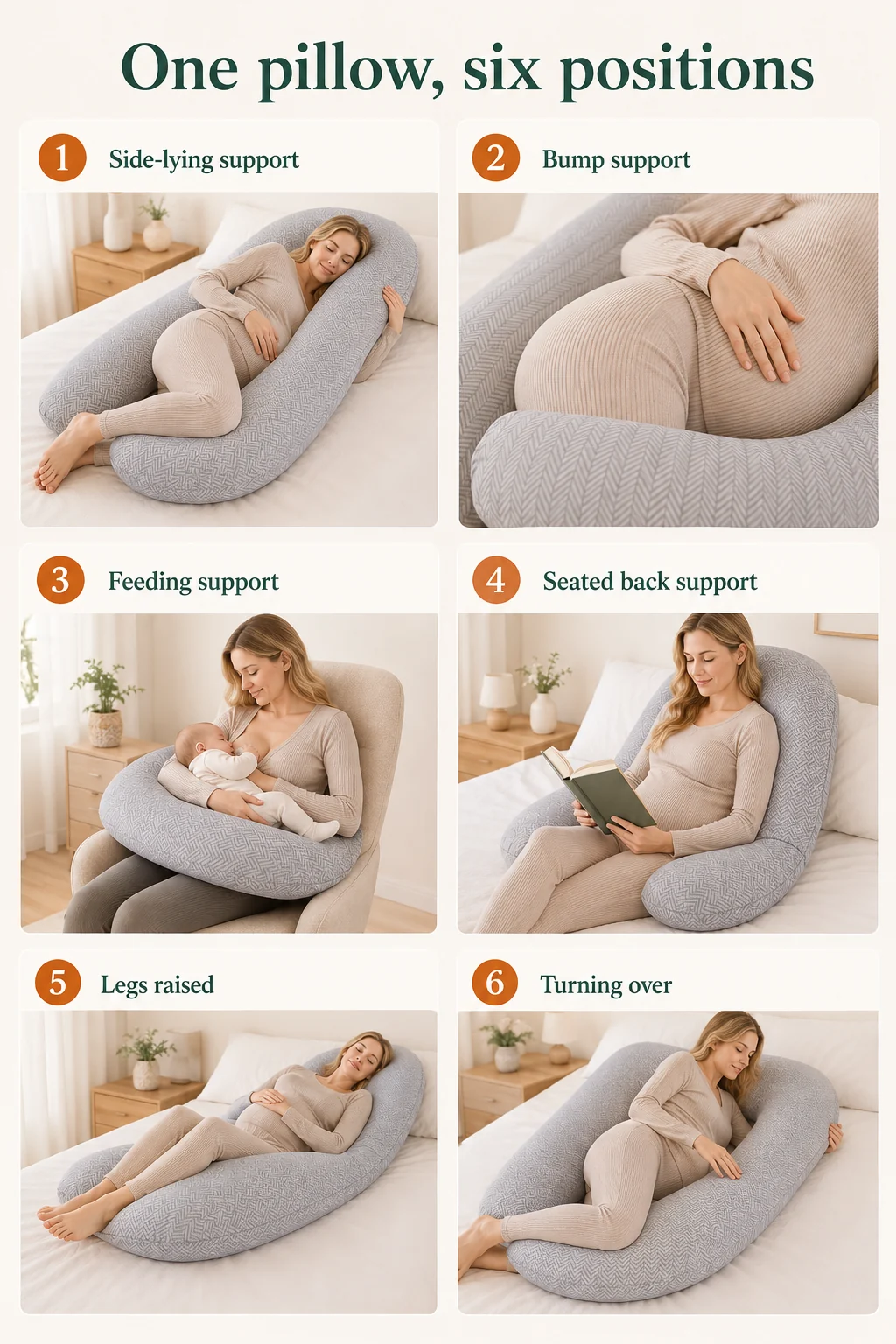 Plate showing six uses of the U-shaped pillow, from side-lying to turning over