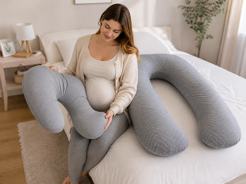 Pregnant woman sitting on the edge of a bed, comparing two pillows of different shapes